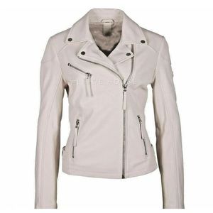 New Women's White Lambskin Leather Biker Moto Jacket Slim Tasseled Zipped Pocket